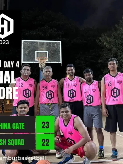 A final score graphic from a nail-biting men's game on Day 4 of Hooplah 2023.