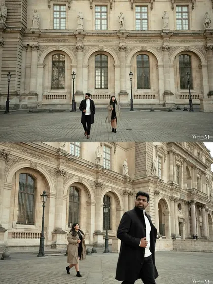 A stylish diptych showing the couple walking through the grand courtyards of Paris. The sense of movement and the impressive architecture create a very editorial feel.