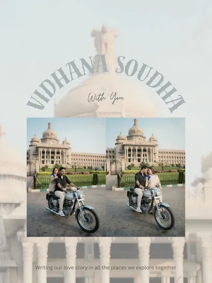A stylized collage celebrating a pre-wedding shoot at Vidhana Soudha. This format is perfect for sharing on social media or as part of a digital 'Save the Date' announcement.