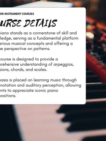 Our piano course is a cornerstone of musical knowledge, covering arpeggios, inversions, chords, and scales through both notation and auditory perception.