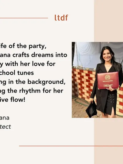 Celebrating the women of LTDF. Vandana, one of our architects, is the life of the party and crafts dreams into reality with a love for old-school tunes that sets the rhythm for her creative flow.