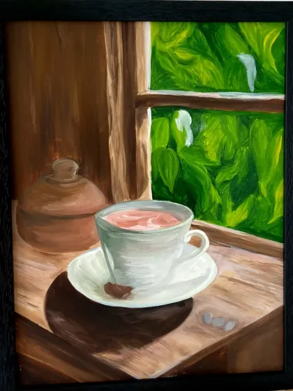 A peaceful scene of a coffee cup by a window, painted in oils. This student work captures a quiet, cozy moment perfectly.