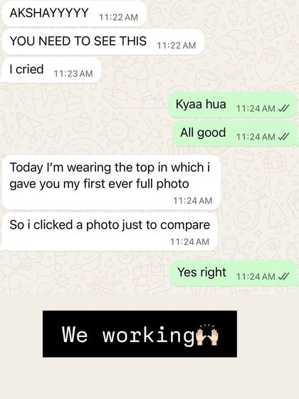 This message from a mentee shows the "off-scale" victories that matter so much. Being able to fit into an old top and see the difference for herself is a huge confidence booster and a testament to her hard work.