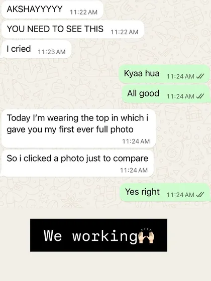 This message from a mentee shows the "off-scale" victories that matter so much. Being able to fit into an old top and see the difference for herself is a huge confidence booster and a testament to her hard work.