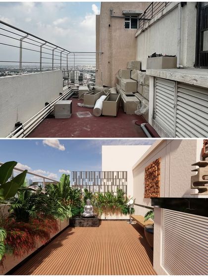 This cluttered rooftop corner was transformed in our design into a tranquil Zen deck. We incorporated a WPC deck, a Buddha water feature, and lush planters to create a peaceful escape.