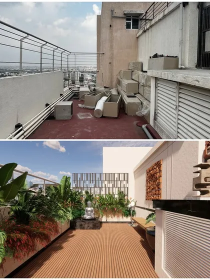 This cluttered rooftop corner was transformed in our design into a tranquil Zen deck. We incorporated a WPC deck, a Buddha water feature, and lush planters to create a peaceful escape.