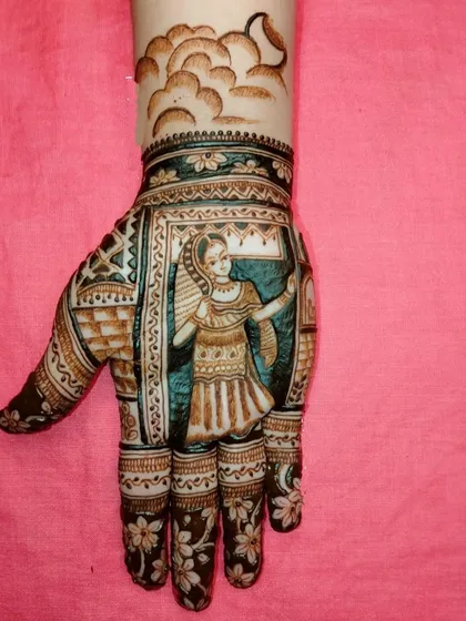 A playful festive design showing a girl dancing under a crescent moon. The geometric patterns on the palm add a modern touch to the figurative art.