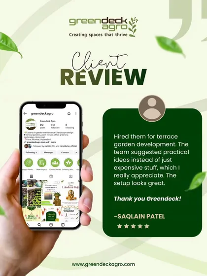 We love hearing from our clients. This review from Saqlain Patel highlights our focus on practical ideas over expensive ones, resulting in a great terrace garden setup. Client satisfaction is our biggest success.