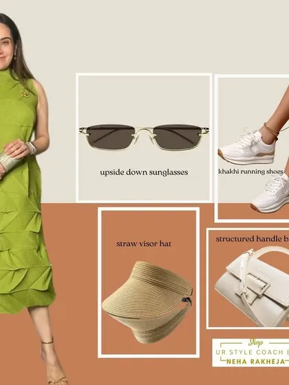 This is the first of three styling boards for my Estelle Tunic. Here, I've created a resort wear look with a straw visor, running shoes, and a structured bag for a chic and comfortable vacation outfit.