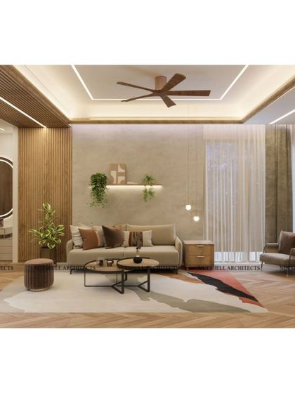 The same space can be transformed into a comfortable lounge or guest room. We incorporated a discreet vanity area and used a soft, neutral palette with touches of green to create a restful and flexible environment.