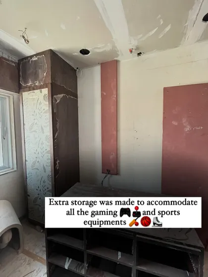 During the construction of the 'Man-Cave', we planned for ample storage to accommodate all the gaming and sports equipment, ensuring the final space would be organized and clutter-free.