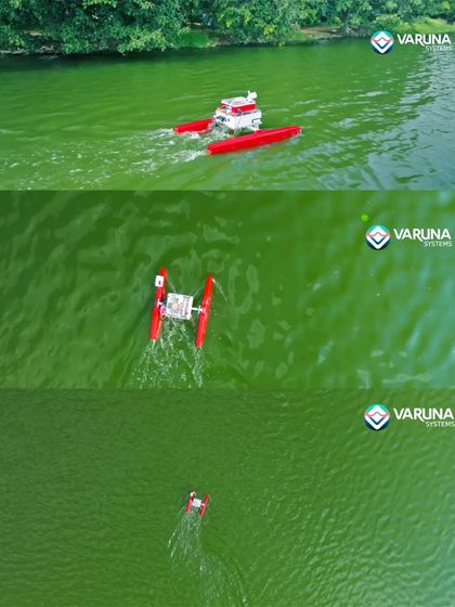 Multiple aerial perspectives of the Varuna Systems autonomous boat on the water, capturing its movement and design from above.