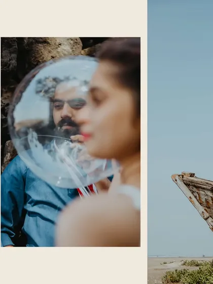 An artistic shot using a prop to reflect the groom-to-be's face, with the bride-to-be in the foreground, taken during their Alibag pre-wedding shoot.