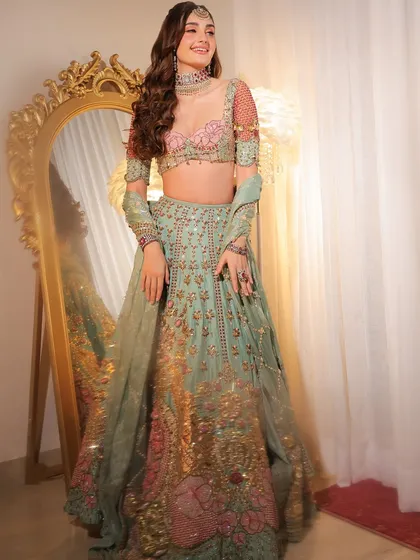 A bold and vibrant look from Papa Don't Preach. I styled this mint and pink lehenga to be unapologetically chic and stand out in style.
