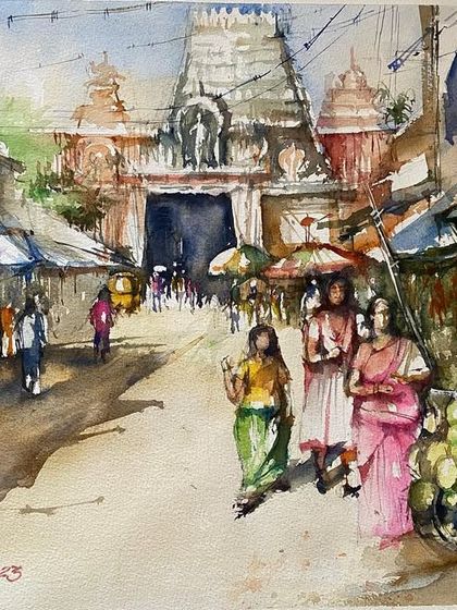 The streets leading to a temple are always fascinating. This large watercolor captures the vibrant chaos of a temple street, with its shops, devotees, and the ever-present auto-rickshaw.