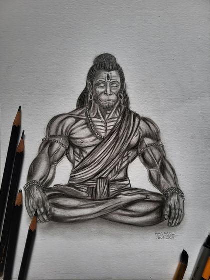 This is my hand-drawn portrait of Hanuman, capturing his strength and devotion in a meditative pose. I used graphite and charcoal to create the detailed muscle definition and serene expression.
