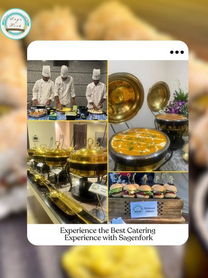 Experience the best in vegetarian catering with our professional service. This collage shows our chefs in action, our elegant buffet line with gleaming brassware, and delicious appetizers like beetroot sliders, reflecting our commitment to quality.