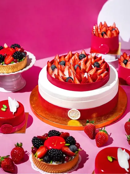 A stunning arrangement of strawberry and berry desserts against a vibrant pink background. This image showcases a variety of patisserie creations, from layered cakes to intricate tarts, demonstrating my skill in styling and capturing high-end desserts.