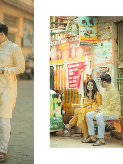 A couple takes a break at a local tea stall during their city-based pre-wedding shoot. These unposed moments often tell the most authentic stories.