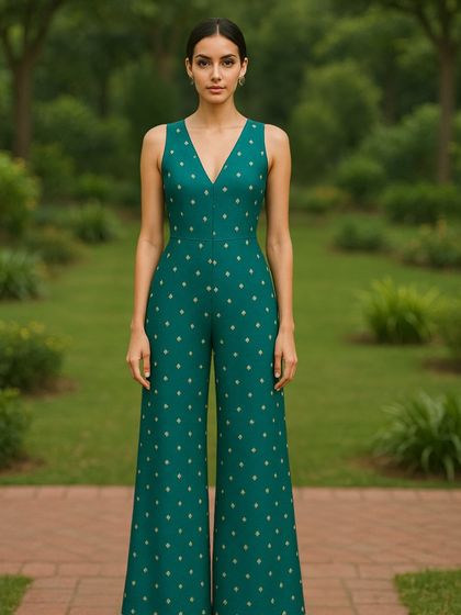 Our fabrics aren't just for traditional wear. This stunning green jumpsuit with delicate butti work is crafted from our silk brocade, showing its versatility for modern, festive silhouettes.