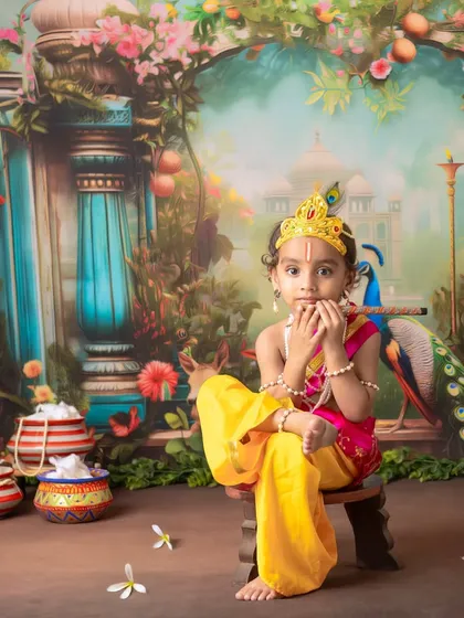 The playful innocence of a child dressed as Lord Krishna, captured in various poses from joyful laughter to thoughtful gazes.