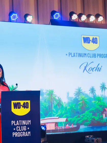 On stage in Kochi for Pidilite's WD-40 Platinum Club Program. I bring high energy to every gala evening and rewards ceremony.