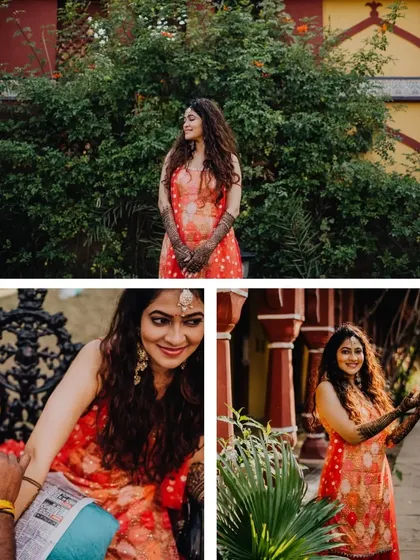 A collage showcasing the beautiful bride Jyotsna during her Mehendi ceremony, her joy radiating as she gets her henna done.