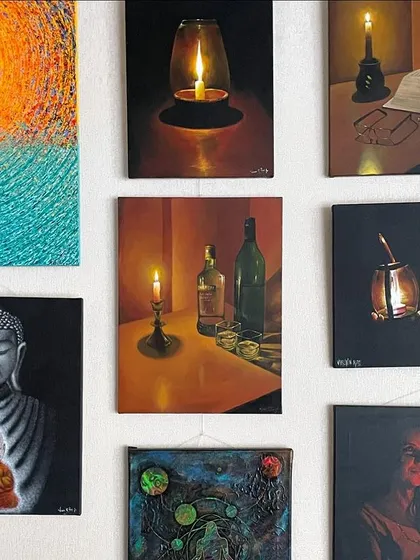 A collection of my paintings on display at the Bengaluru Art Gallery for the Vasantha Arts exhibition.