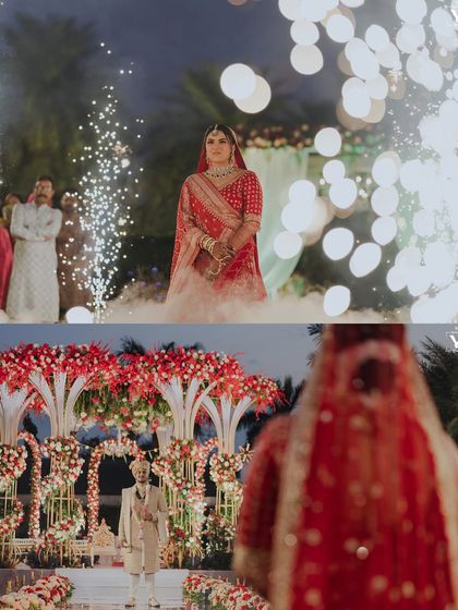 A collage showing the bride's dramatic entrance with smoke and fireworks. The images capture her walking towards the groom, who waits at the beautifully decorated mandap.
