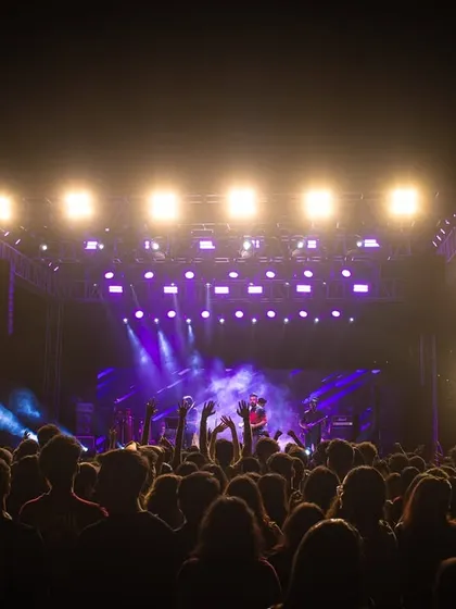 This image captures the concert experience from within the audience, showing the crowd's view of the stage lit up in vibrant purple hues.