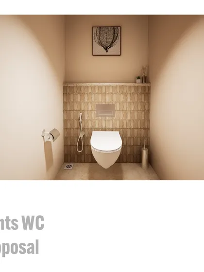 A render of a private WC in the gents' suite. The design uses warm, textured tiles and soft lighting to create a comfortable and private space.