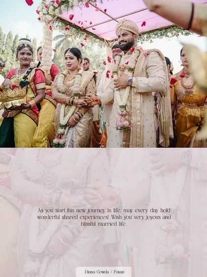 A beautiful candid shot of the couple under a shower of petals. The groom's arm is around his bride, showing how the sherwani is tailored for a comfortable and perfect fit.