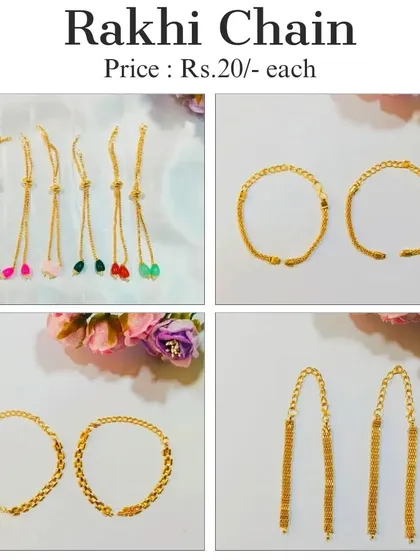This image showcases our variety of Rakhi and bracelet chains, priced at just Rs. 20 each. We offer different styles, from simple links to more decorative designs.