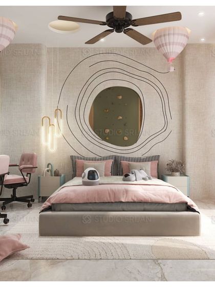 A whimsical kids' bedroom in Ambience Apartment, featuring hot air balloon-themed light fixtures, a playful wall mural, and a soft pink and mint green color scheme.
