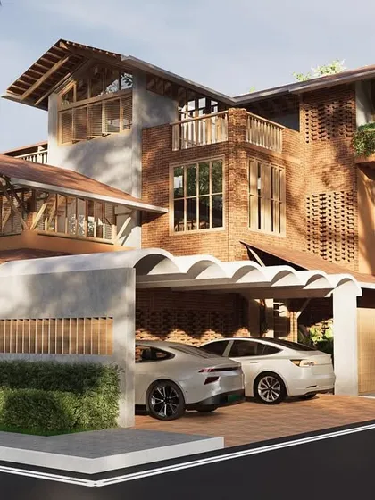 This residence is a study in climate-responsive design, using exposed brick, lime plaster, and tiled sloping roofs for passive cooling. A prominent brick *jaali* wall provides privacy while allowing for natural ventilation, creating a home that is both sustainable and timeless.