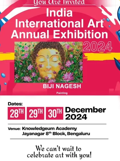 An invitation to the exhibition, featuring my serene Buddha painting.