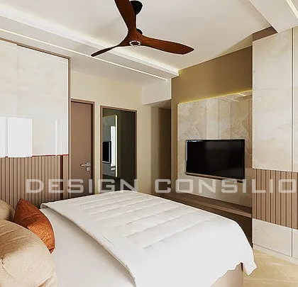 This render shows the TV unit and wardrobe in the master bedroom. By using the same materials and finishes, we create a built-in look that is both seamless and highly functional.