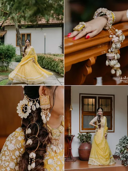 A collage showcasing the bride's stunning Haldi look, from her flowing yellow lehenga to her unique shell and floral jewelry.