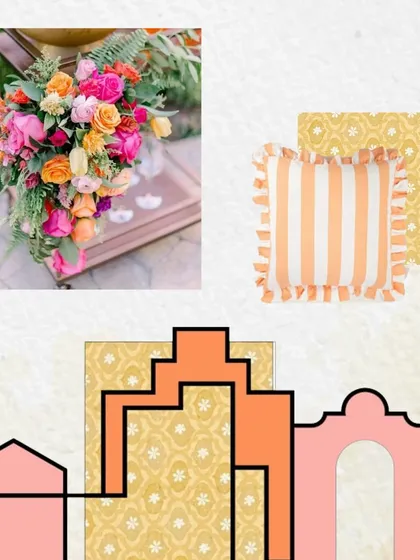More inspiration for the 'Sunny Side Up' Haldi, focusing on the architectural elements and the combination of vibrant florals with striped patterns for a fresh, modern feel.