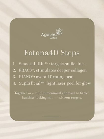 The Fotona4D® treatment is a multi-dimensional approach to firmer skin. It involves four distinct laser steps: SmoothLiftin™ for smile lines, FRAC3® for deep collagen, PIANO® for overall firming, and a light laser peel for glow, all without surgery.