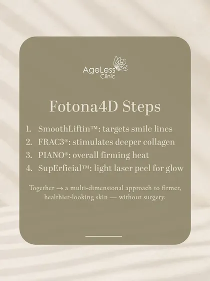 The Fotona4D® treatment is a multi-dimensional approach to firmer skin. It involves four distinct laser steps: SmoothLiftin™ for smile lines, FRAC3® for deep collagen, PIANO® for overall firming, and a light laser peel for glow, all without surgery.