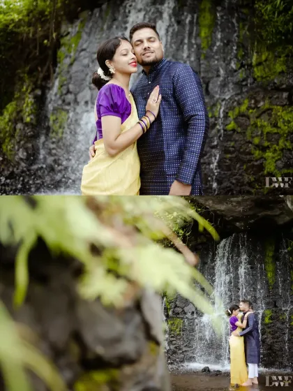 A collage capturing a romantic moment by a waterfall. The couple's traditional attire and the natural beauty of the location make for a stunning pre-wedding photo.
