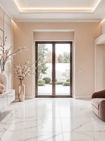 A luxurious foyer concept where a floating marble console, soft pink armchair, and statement art create a sophisticated and welcoming first impression.