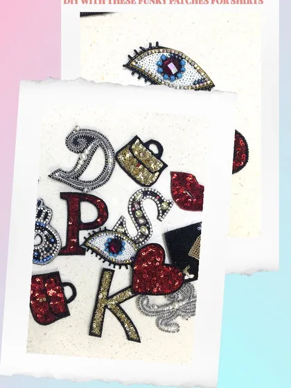 A fun assortment of funky, sequined patches. Featuring letters, lips, a handbag, and an evil eye, these DIY patches are perfect for adding sparkle and personality to shirts and jackets.