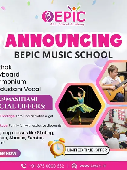 We are excited to announce the launch of the BEPIC Music School. To celebrate, we are offering special Janmashtami discounts on activities like Kathak, Keyboard, and Hindustani Vocal.