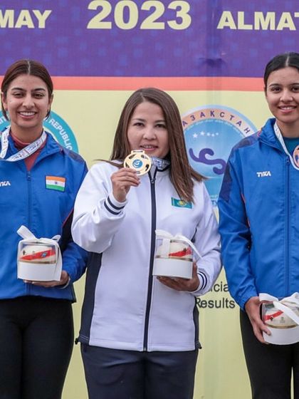 Team India's skeet shooters on the podium at the ISSF World Cup in Almaty. We celebrate every Indian victory in the shooting sports world.