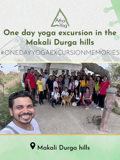 Here I am with our wonderful community during a one day yoga excursion at Makali Durga hills. These day escapes are a perfect way to get a quick reset, combining a short trek, fresh air, and a yoga session with a beautiful view.