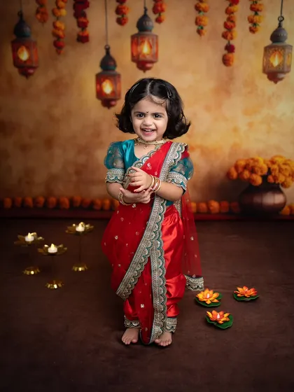 Her happy, toothy grin lights up the frame in this standing pose from her Diwali session.