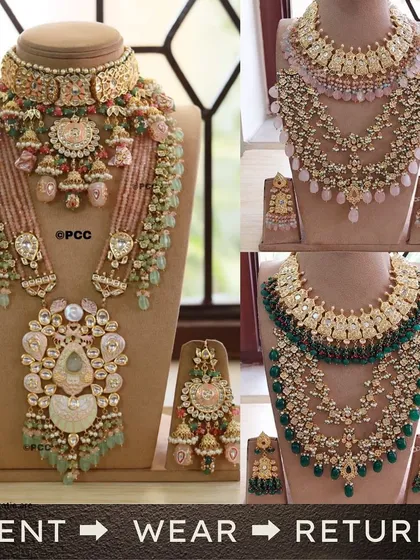 I offer a wide variety of grand bridal sets for rent, available in multiple colors to perfectly match your outfit. You can choose from pastel pinks, royal greens, or classic reds, all handcrafted in Kundan and Polki styles.