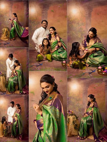 A collage of family portraits from a traditional Navratri-themed shoot. The mother, father, and daughter are all dressed in beautiful ethnic wear, celebrating together.
